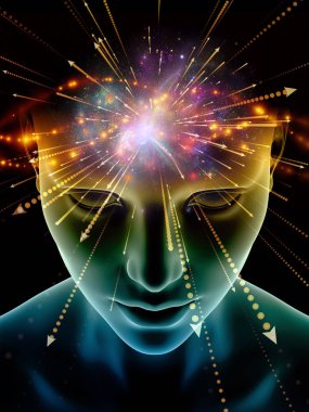 Zihin dizi elemanları. insan kafası ve sembolleri bilim, eğitim ve zihin gücü konusunda teknolojinin 3D çizimi