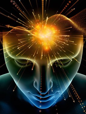 Zihin dizi elemanları. insan kafası ve sembolleri bilim, eğitim ve zihin gücü konusunda teknolojinin 3D çizimi