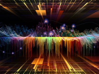 Wave Function series. Background design of colored sine vibrations, light and fractal elements on the subject of sound equalizer, music spectrum and  quantum probability clipart