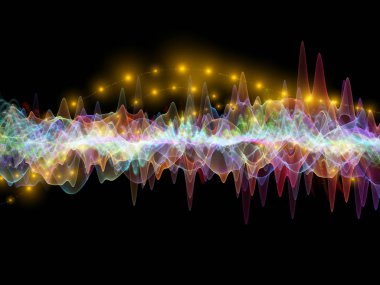 Dalga fonksiyonu serisi. Arka plan tasarımı renkli sinüs titreşimlerin, ses ekolayzer, konu üzerinde öğeleri ışık ve fraktal müzik spektrum ve kuantum olasılık
