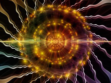 Dalga Fonksiyonu serisi. Ses eşitleyici, müzik spektrumu ve kuantum olasılığı üzerine renkli sinüs titreşimleri, ışık ve fraktal elementlerin arkaplanı