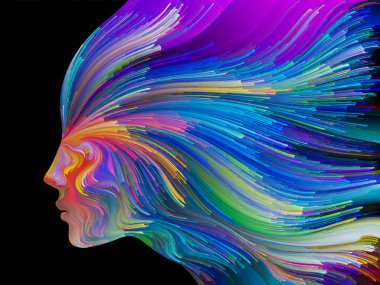 Renk serisinin yüzü. İnsan profilinin düzenlenmesi ve yaratıcılık, tasarım, iç dünya, insan doğası ve sanatsal ruh konularında renkli çizgiler