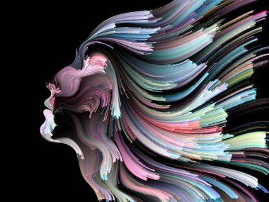 Yüz renk serisi. İnsan profili ve boya bir kavramı mecaz yaratıcılık, tasarım, iç dünya, insan doğası ve sanatsal ruhu konuda hareketli renkli çizgiler yaratıcı düzenleme