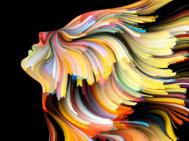 Yüz renk serisi. İnsan profili ve yaratıcılık, tasarım, iç dünya, içgüdü ve sanatsal ruh konusunda boya hareketli renkli çizgiler soyut tasarım yapılmış