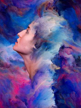 Kadının dünya serisi. Duygular, duygular, iç dünya, yaratıcılık ve hayal gücü konusunda bir metafor olarak canlı boya ile kadın portresi oluşan tasarım erimiş