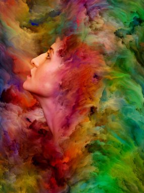 Kadınlar Dünya Serisi. Kadın portresinin arka planı duygular, duygular, iç dünya, yaratıcılık ve hayal gücü üzerine canlı boyalar ile kaynaştırılmış.