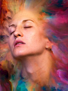 Dünya serisi. Duygular, duygular, iç dünya, yaratıcılık ve hayal gücü konularında kadın portresiyle birleştirilmiş sanatsal soyutlama.