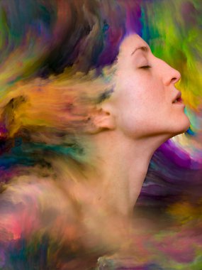 Dünya serisi. Duygular, duygular, iç dünya, yaratıcılık ve hayal gücü konularında bir metafor olarak kadın portresinin canlı resimlerle kaynaşmış yaratıcı düzenlemesi.