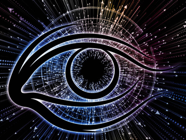 Eye of Knowledge series. Interplay of eye icon and arrow burst on the subject of  science, education and modern technology