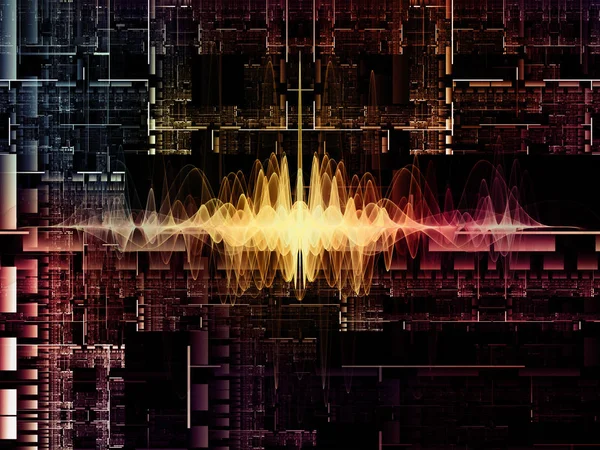 Antecedentes Científicos Tecnológicos Onda Sinusoidal Brillante Través Del Patrón Circuito —  Fotos de Stock
