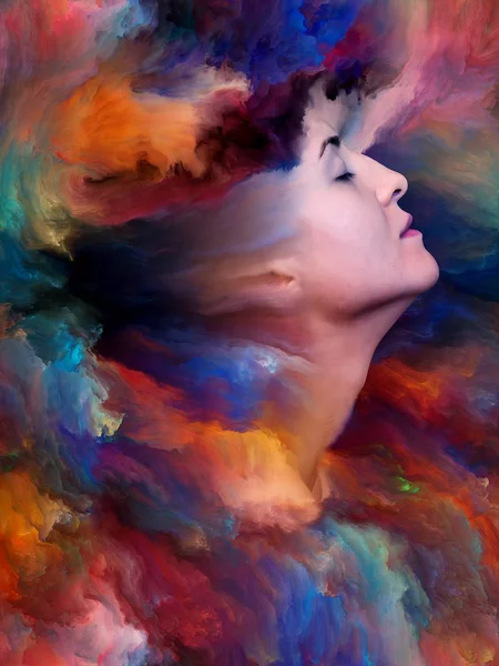 Woman\'s World series. Composition of female portrait fused with vibrant paint on the subject of feelings, emotions, inner world, creativity and imagination
