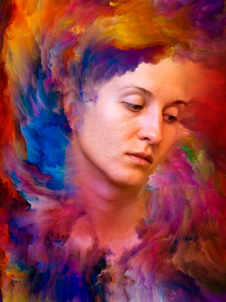 Inside Outside series. Graphic composition of female portrait fused with vibrant paint  for subject of feelings, emotions, inner world, creativity and imagination