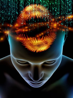 Zihin dizi elemanları. insan kafası ve sembolleri bilim, eğitim ve zihin gücü konusunda teknolojinin 3D çizimi