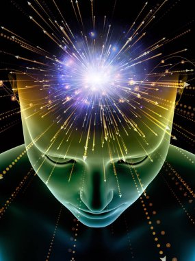 Zihin dizi elemanları. insan kafası ve sembolleri bilim, eğitim ve zihin gücü konusunda teknolojinin 3D çizimi