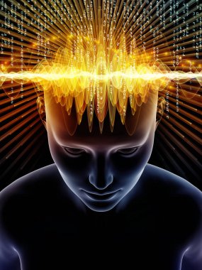 Dalgalar serisi için sorun. İnsan kafası ve teknoloji sembolleri için 3d çizimi tasarlamak zemin bilinç, beyin, akıl ve yapay zeka üzerinde çalışır