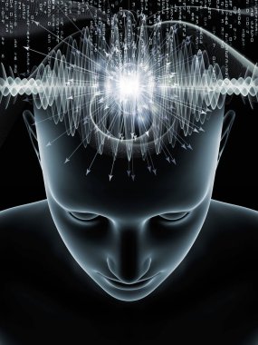 Zihin Dalgaları serisi. İnsan kafası ve teknoloji sembollerinin soyut düzenlenmesi bilinç, beyin, zeka ve yapay zeka projeleri için uygundur.