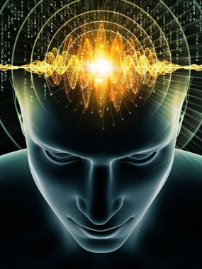 Zihin Dalgaları serisi. İnsan kafası ve teknoloji sembollerinin soyut düzenlenmesi bilinç, beyin, zeka ve yapay zeka projeleri için uygundur.