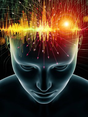 Dalgalar serisi için sorun. İnsan kafası ve teknoloji sembolleri bilinç, beyin, akıl ve yapay zeka ile ilgili projelerde uygun 3d çizimi soyut kompozisyon