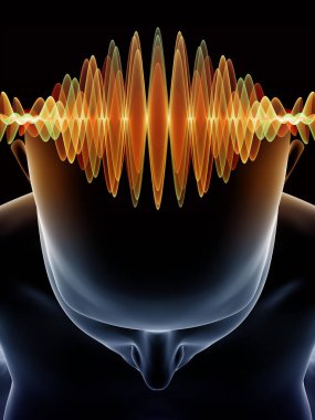 Dalgalar serisi için sorun. Soyut Tasarım insan kafası ve bilinç, beyin, akıl ve yapay zeka konusunda teknoloji simgeler 3d çizimi yapılmış