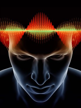 Mind Waves series. Design composed of 3D illustration of human head and technology symbols as a metaphor on the subject of consciousness, brain, intellect and artificial intelligence clipart