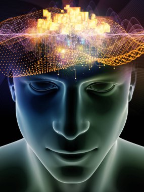 Dalgalar serisi için sorun. İnsan kafası ve teknoloji sembolleri uygun bir zemin olarak bilinç, beyin, akıl ve yapay zeka üzerinde projeler için 3d çizimi bileşimi