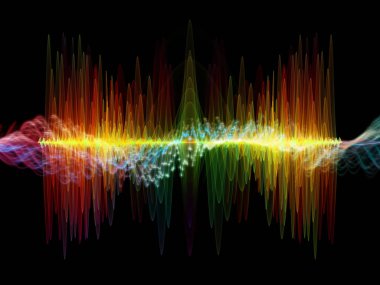 Dalga Fonksiyonu serisi. Ses eşitleyici, müzik spektrumu ve kuantum olasılığı üzerine renkli sinüs titreşimleri, ışık ve fraktal elementlerin arkaplanı