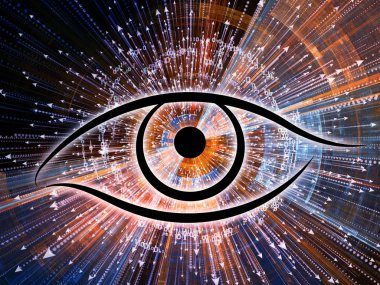 Bilgi serisi gözü. Zemin göz simgesini ve bilim, eğitim ve modern teknoloji konusunda patlama ok