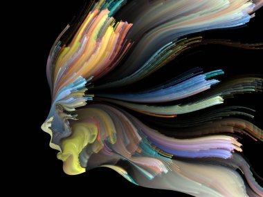 Yüz renk serisi. İnsan profili ve boya bir kavramı mecaz yaratıcılık, tasarım, iç dünya, insan doğası ve sanatsal ruhu konuda hareketli renkli çizgiler yaratıcı düzenleme