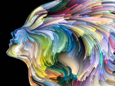 Yüz renk serisi. İnsan profili ve projelerde yaratıcılık, tasarım, iç dünya, içgüdü ve sanatsal ruhu için boya hareketli renkli çizgiler bileşimi