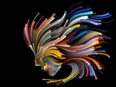 Yüz renk serisi. Arka plan kompozisyon insan profili ve yaratıcılık, tasarım, iç dünya, içgüdü ve sanatsal ruh konusunda boya hareketli renkli çizgiler