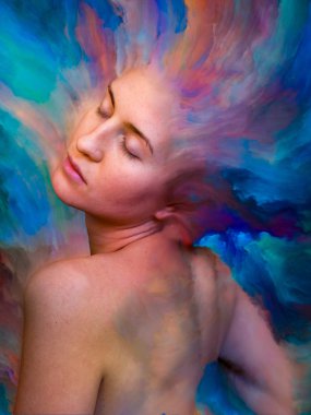 Onun Dünya serisi. Kadın portre tasarlamak zemin inşaat üstünde duygular, duygular, iç dünya, yaratıcılık ve hayal gücü için canlı boya ile erimiş