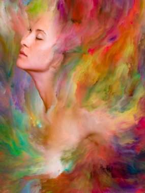 Onun Dünya serisi. Duygular, duygular, iç dünya, yaratıcılık ve hayal gücü konusunda canlı boya ile arka plan kompozisyonu kadın portresi erimiş