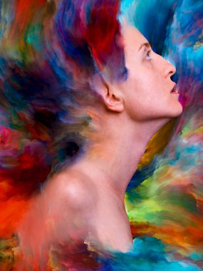 Onun Dünya serisi. Tasarım projeleri için fon olarak hizmet verecek kadın portre ile canlı boya erimiş yapılmış duygular, duygular, iç dünya, yaratıcılık ve hayal gücü ile ilgili