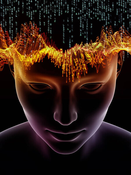 Серия Mind Waves. Дизайн фона трехмерной иллюстрации человеческой головы и технологических символов для работ по сознанию, мозгу, интеллекту и искусственному интеллекту
