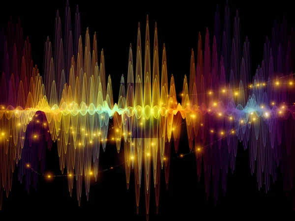 Wave Function series. Design composed of colored sine vibrations, light and fractal elements as a metaphor on the subject of sound equalizer, music spectrum and  quantum probability