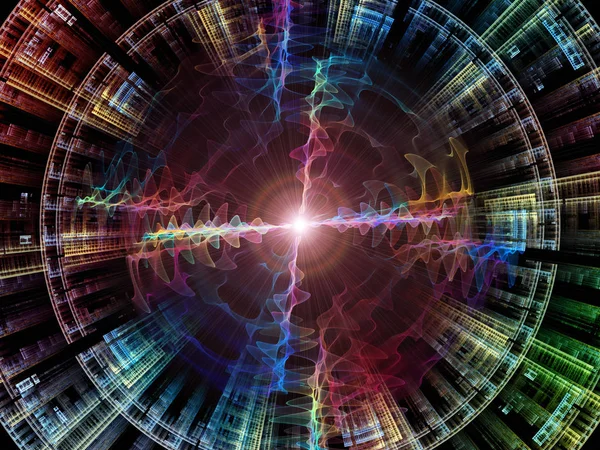 波動関数のシリーズ 色正弦振動の配置 光とフラクタルの要素を音のイコライザーの主題の概念メタファーとして音楽のスペクトルと量子確率 — ストック写真