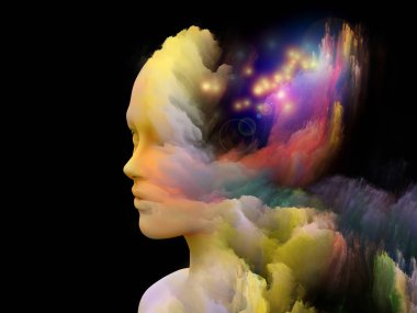 3D illustration of female head transforming into abstraction of lights and colors