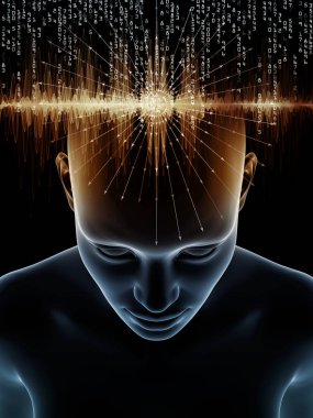 Mind Waves series. Creative arrangement of 3D illustration of human head and technology symbols for subject of consciousness, brain, intellect and artificial intelligence