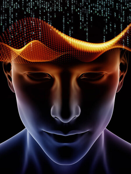 Серия Mind Waves. Дизайн, выполненный из трехмерной иллюстрации человеческой головы и технологических символов, служит фоном для проектов, связанных с сознанием, мозгом, интеллектом и искусственным интеллектом
