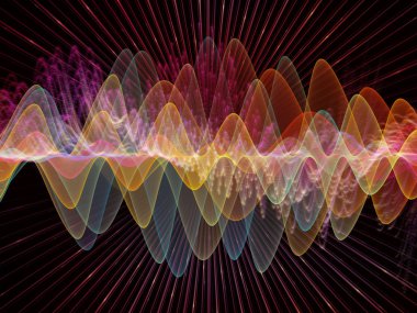 Dalga Fonksiyonu serisi. Ses eşitleyici, müzik spektrumu ve kuantum olasılığı üzerine renkli sinüs titreşimleri, ışık ve fraktal elementlerin arkaplanı