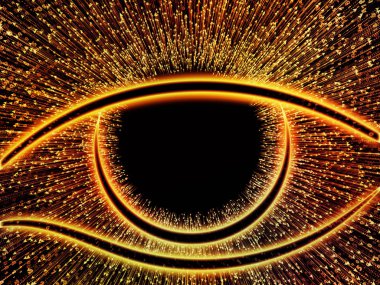 Bilgi serisi gözü. Görsel olarak inşaat üstünde bilim, eğitim ve modern teknoloji için göz simgesini ve ok patlama bileşimi hoş