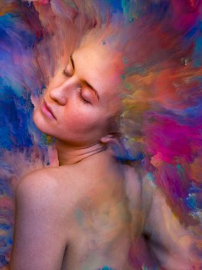 Onun Dünya serisi. Kadın portre tasarlamak zemin inşaat üstünde duygular, duygular, iç dünya, yaratıcılık ve hayal gücü için canlı boya ile erimiş