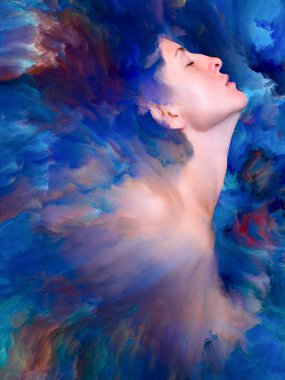 Dünya serisi. Kadın portresinin arka planı duygular, duygular, iç dünya, yaratıcılık ve hayal gücü üzerine canlı boyalar ile kaynaştırılmış.