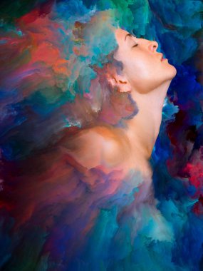 Dünya serisi. Kadın portresinin arka planı duygular, duygular, iç dünya, yaratıcılık ve hayal gücü üzerine canlı boyalar ile kaynaştırılmış.