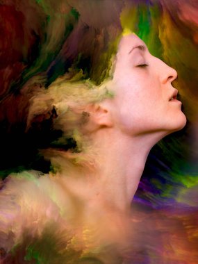 Onun Dünya serisi. Mecazi ilişki duygular, duygular, iç dünya, yaratıcılık ve hayal gücü ile canlı boya ile kadın portre bileşimi erimiş