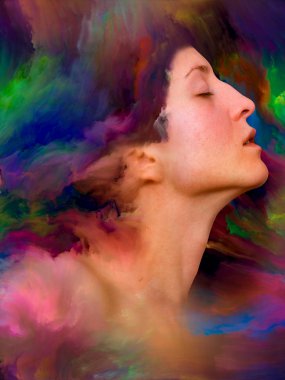 Dünya serisi. Duygular, duygular, iç dünya, yaratıcılık ve hayal gücü konularında bir metafor olarak kadın portresinin canlı resimlerle kaynaşmış yaratıcı düzenlemesi.