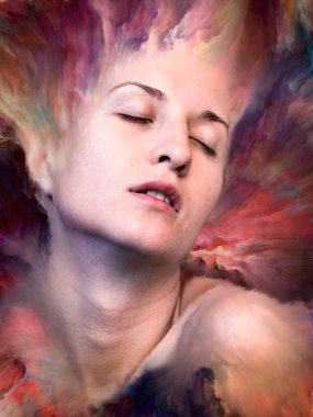 Dünya serisi. Duygular, duygular, iç dünya, yaratıcılık ve hayal gücü konularında kadın portresiyle birleştirilmiş soyut tasarım.