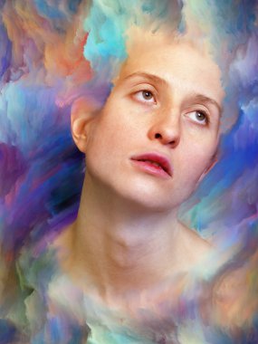 Dünya serisi. Kadın portresinin arka planı duygular, duygular, iç dünya, yaratıcılık ve hayal gücü üzerine canlı boyalar ile kaynaştırılmış.