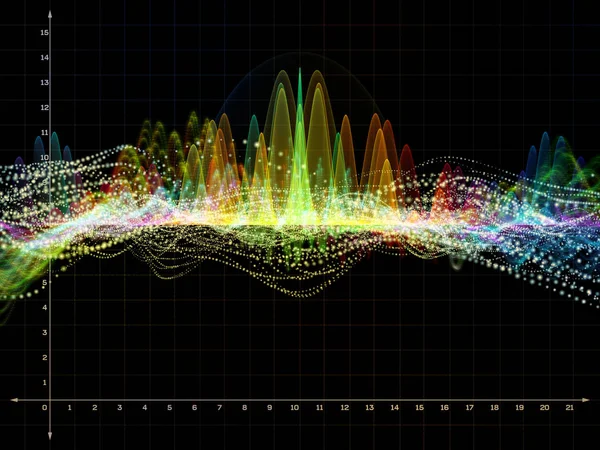 波函数系列 音频均衡器 音乐谱和量子概率作品的彩色正弦振动 光和分形元素的背景设计 — 图库照片