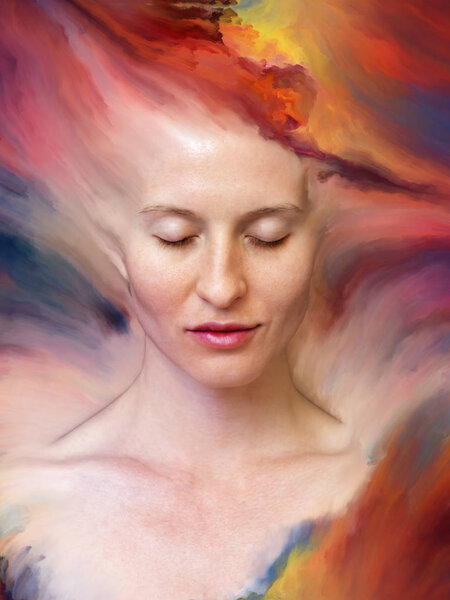 Her World series. Abstract arrangement of female portrait fused with vibrant paint suitable for projects on feelings, emotions, inner world, creativity and imagination